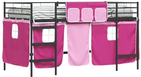 Foknhdi Hochbett für Kinder, Metallbettgestell mit Vorhängen, Spielbett mit platzsparendem Kopfteil, Robuster Metallrahmen, Schwarz und Pink, Gesamtmaße 205 x 112 x 116 cm