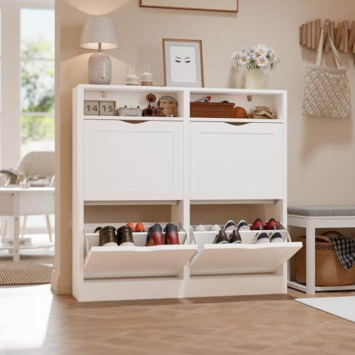 ELUCHANG Zapatero Estrecho con 4 Puertas / 8 Estantes & Compartimentos Abiertos, Mueble Zapatero Armario Moderno para Entrada, Recibidor y Dormitorio, Madera en Blanco, 100x24x100cm