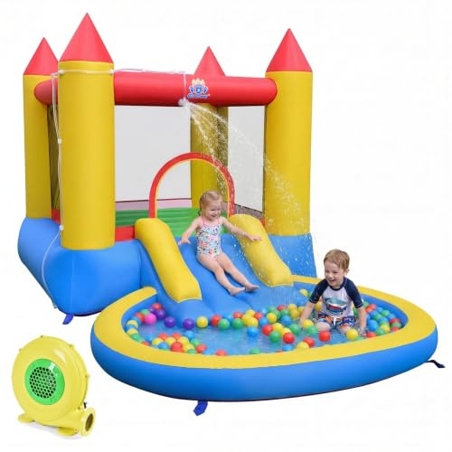 COSTWAY Castillo Hinchable para Niños, Parque Acuático Infantil con Zona de Saltos, Tobogán, Piscina de Chapoteo y Bolas, Casa de Juegos para 3-12 Años Jardín Patio (con soplador de 450W)