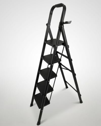 Escabeau 5 Marches Pliable - Marche Pied Antidérapant - Charge 150 Kg | Entreprise Française - Stable avec Poignée en Acier Robuste - Échelle de Bricolage Compacte pour Maison et Jardin