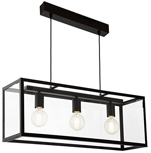 EGLO Pendellampe Charterhouse, 3 flammige Vintage Pendelleuchte, Hängeleuchte aus Stahl, Farbe: Schwarz, Glas: klar, Fassung: E27