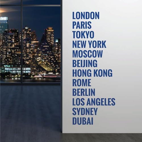 Cities of The World Wandaufkleber/Wandtattoo, Motiv Study, Office Space, London, Paris, New York, Dubai. Medium (220 x 580mm) Mittelblau