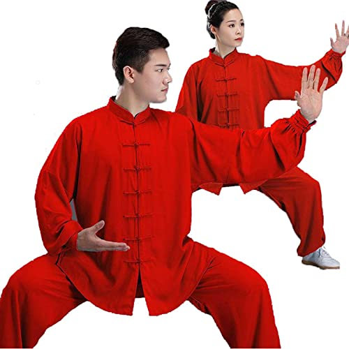 Tenue De Tai Chi Uniforme Traditionnel pour Arts Martiaux, Kung Fu Tai Chi Hommes Femmes Costume Manches Longues Wing Chun Vêtements,Red-S