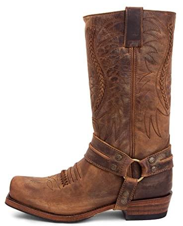 Sendra Boots - 12209 Stivali Camper con tacco alto unisex con punta quadrata - stile cowboy in pelle marrone con effetto invecchiato - 35