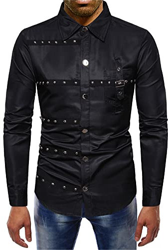 Shirt Herren Frühling Persönlichkeit Gutaussehend Gothic Style Niet Spleißen Design Männer Longsleeve Shirt Modern Urban Slim Fit Revers Strickjacke Herren Performance Kostüm B-Black 3XL