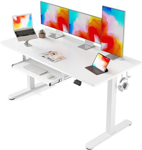 FEZIBO Height Adjustable Electric Standing Desk with Keyboard Tray, 160 x 60 cm Sit Stand up Desk with Splice Board, White Frame/White Top