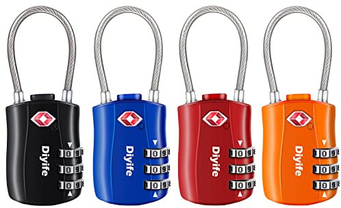 Diyife Serrures à Bagages TSA 4 Pack, Cadenas de sécurité à 3 Chiffres, Noir Bleu Rouge Orange
