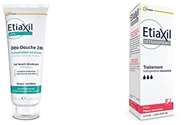 ETIAXIL - Déo-Douche - Gel Douche Transpiration Excessive - Corps - Peaux sensibles - 200 ml & Détranspirant - Traitement Transpiration Excessive - Pieds - Peaux Normales - 100 ml