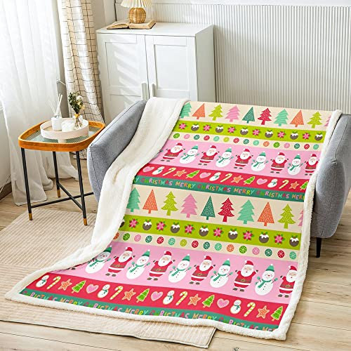 Loussiesd Cartoon Weihnachten Kuscheldecke Mädchen Weihnachtsmann Schneemann Wohndecke 100x130cm Rosa Weihnachten Thema Decke für Kinder Jungen Weihnachtsbaum Flanell Fleecedecke Atmungsaktiv Winter