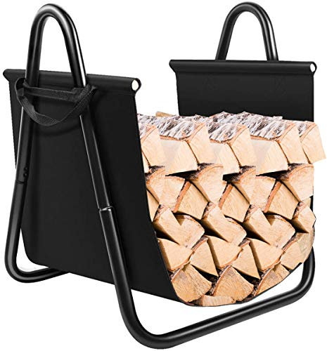 TANGZON Fireplace Log Holder with Canvas Carrier, Metal Firewood Rack with Handles, 46 x 43 x 52cm, Indoor Outdoor Heavy Duty Wood Basket Stacker for Kindling Wood Stove Accessories