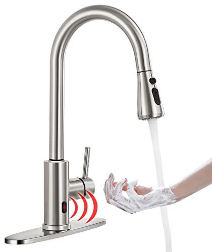 FGKQ Grifo de cocina sin contacto con pulverizador extraíble, níquel cepillado, arco alto, un solo agujero, grifo de fregadero de cocina comercial para bar y caravana