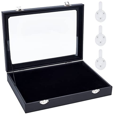 nbeads Vitrine à Épingles en Velours Noir, 28x20x4.85cm Broche à Suspendre Murale Rangement pour Bijoux Boîtes de Présentation en Bois avec Fenêtre et Cintres pour Monnaie Épingles Badges Affichage