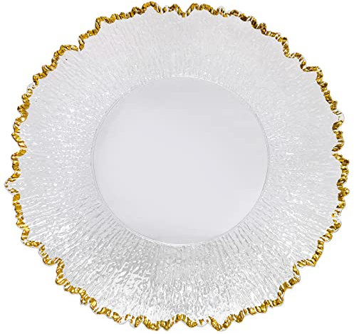 CN.JIAHE 13inch Round Acrylic Gold Rim Charger Plates,Set of 8, Gold Reef Textured Rim Charger Plates for Dinner,Wedding,Party,Event Decoration.