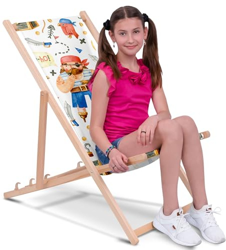 DreamRoots Kinder Liegestuhl Holz Gr. M, Pirate | Klappbarer Campingstuhl faltbar, für Garten & Strand, bis 130 kg, waschbarer Bezug, 100% Polyester, UV-beständig, Kinderliege