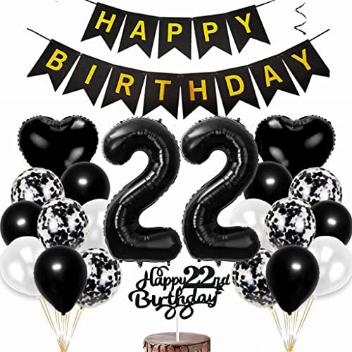 Conruich Luftballon 22. Geburtstag Deko für Mann und Frau - Tortendeko, Folienballon Zahl 22 Schwarz, Happy Birthday Banner für Party