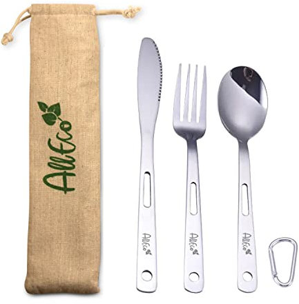 AllEco® Edelstahl Campingbesteck mit Karabiner für unterwegs + GRATIS Beutel Outdoor Besteck Camping besteck Set to Go Besteckset nachhaltige Produkte Zero Waste Geschenkidee