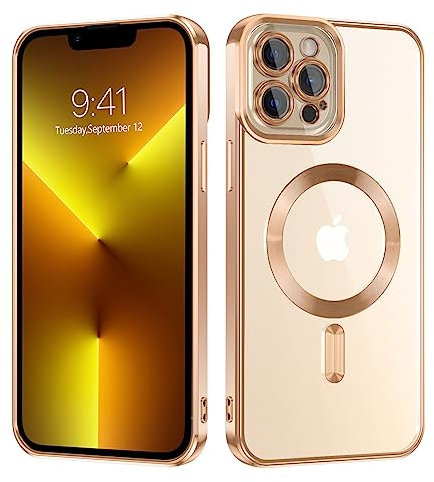 DUEDUE Magnetic Clear for iPhone 13 Pro Max Case [Compatible with Magsafe] Wireless Charging Shockproof Protection, Scratch-Resistant, Slim Phone Cover Women Case for iPhone 13 Pro Max 6.7, Gold