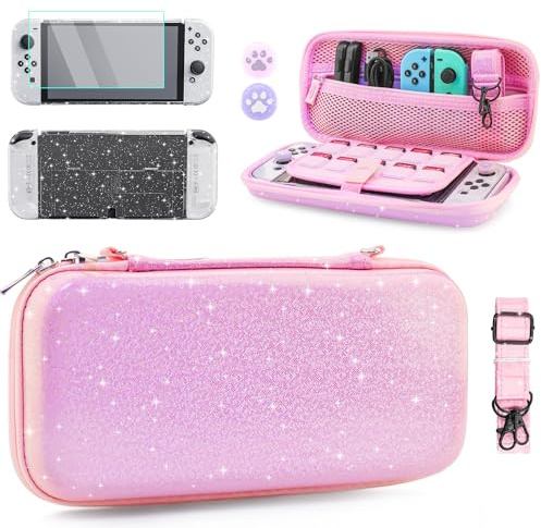 HYPERCASE Rosa Tragetasche Kompatibel mit Nintendo Switch OLED, Tragbare Reise Aufbewahrungstasche mit Glitzer Switch Schutzhülle, Displayschutzfolie, Verstellbarer Schulterriemen, 2 Cat Claw Thumb