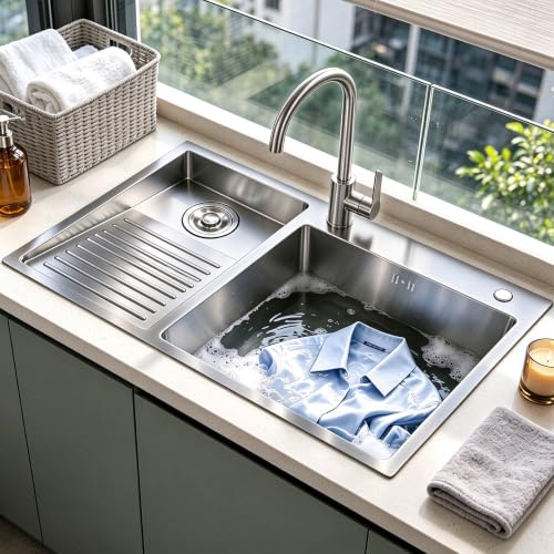 900 mm Waschtisch-Spülbecken mit Waschbrett, Edelstahl, Küchenspüle mit Wasserhahn, Haushalt, Pool, Balkon, Zimmer, Waschbecken, leicht zu reinigen, Doppelschüssel