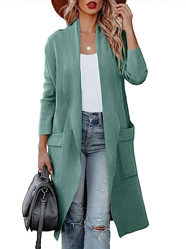 Maavoki Cardigan en Tricot pour Femme, Manches Longues, Ouvert, avec Poche, Décontracté, Long Manteau en Tricot uni, Turquoise., L