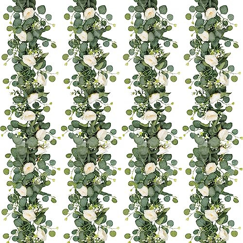 Betylifoy Künstliche Blumengirlande Hochzeit Rosenrebe Girlanden 2 Stück, Kunstblumen Eukalyptus Girlande Hängende Girlande Weiße Künstliche Pflanze für Hintergrund Party Dekor (Weiß, 4pcs)