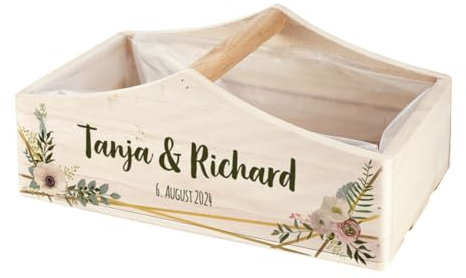 Herz & Heim® Geschenkkorb mit Druck oder Gravur zur Hochzeit, dem Jahres- oder Valentinstag (Namen & Datum mit Blüten)