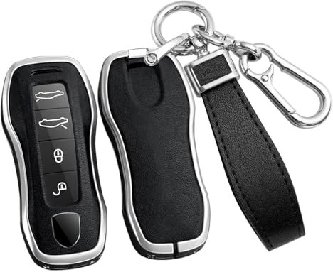 ontto Coque de Protection pour clé - Convient pour Porsche Cayenne Macan Panamera Taycan 718 911 971 2020-2024 - en Cuir synthétique - Porte-clés de Voiture - 3/4 Boutons - Argent Noir