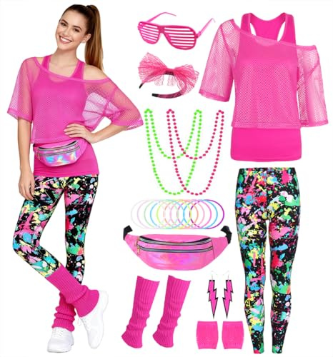 80er 90er Jahre Outfit Damen 20 Stück 80iger Retro Kostüm Off Shoulder Netzshirt Frauen mit Leggins Neon Kleidung Zubehör Set Bauchtasche Ohrring Netzhandschuhe Armband Halskette Bad Taste Outfit 019M