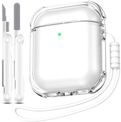 MHYALUDO Kompatibel mit Airpods-Hülle Deckung, Kompatibel mit Airpods 1/2 Generation (2016/2019), transparente, weiche, stoßfeste Hülle mit Reinigungsstift mit Umhängeband, Weiß