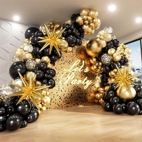 Schwarz Gold Ballons Bogen Girlande Kit, 132Pcs Ballon Bogen Kit mit Starburst Folie Ballons Konfetti Latex Ballon für Geburtstag, Abschluss, Neujahr, Baby Dusche, Jubiläum Neujahr Dekoration