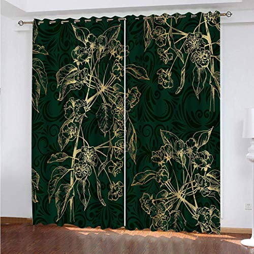 Blickdichter Vorhang 3D Goldener Botanischer Druck Druck Verdunklungsvorhänge Mit Ösen - Thermogardine 2Er Set Für Wohnzimmer Schlafzimmer Fensterdekoration Kinderzimmer Junge Mädchen 260X280Cm (HxB)