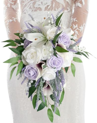 Ztexkee Künstlicher Rosen-Brautstrauß, Calla-Lilien- und Lilienstrauß, Hochzeitsblumenstrauß, Wurfstrauß, Wassertropfenstrauß für Braut, Brautjungfer, Hochzeit