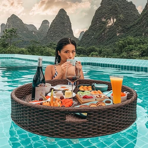 Rattan-Tablett für Pool-Strandparty,Getränke-Floaties-Tablett für Pool,runder handgefertigter Lebensmittel-Schwimmteller für Pool-Strandparty (Farbe: Braun,Größe: 80 x 20 cm)