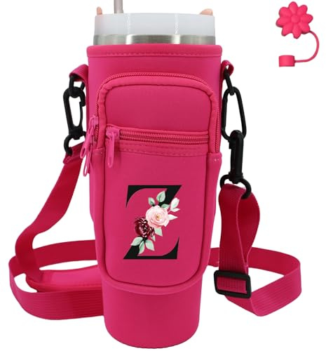 Water Bottle Carrier with Strap for Stanley 40 oz Tumbler,Personalized Initial ID Name Stanley Bag with Phone Pocket, Adjustable Strap, Stanley Cup Accessories (Z, Hot Pink)