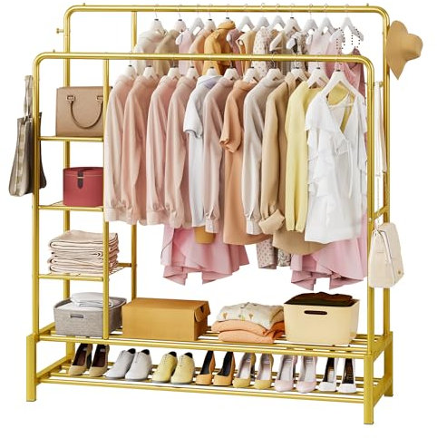 JOISCOPE Portant à Vêtements, Portant Vetement Solide Professionnel avec 2 Tringles de Suspension, 2 Organiseurs, 3 Étagères, 4 Crochets à Chapeau pour Vêtements, Chaussures, Sacs. Or