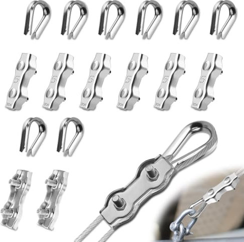 Mbsomnus 16 Stück Drahtseilklemme M5 Set mit 8 Stück Seilklemmen 5mm & 8 Stück Drahtseil Kauschen 5mm Edelstahl 304 Duplex Klemme Kabelklemmen für Stahlseil Wäscheleinenspanner Markise Fixiert
