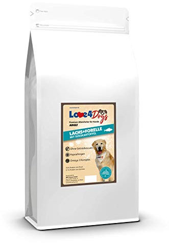 Love4Dogs Adult Trockenfutter 12 Kg | Lachs+Forelle mit Süßkartoffel und Spargel | ohne Zusatzstoffe | Premium Alleinfutter für Adulte Hunde