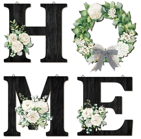 CHDITB 4pcs Blumen Home wanddekoration,Grün Kranz Holzbuchstaben Deko,Kranz Willkommensschild,Boho kranz Schild Haustür,Neue Haus Geschenke,Heimblumen Wandkunst,Home Wanddeko Wohnzimmer Schlafzimmer