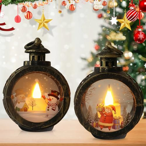 WIYETY 2 Stück Weihnachtsdeko Laterne: Weihnachtsdeko Innen Licht mit LED, Flammenlose Weihnachtskerzen, Batterie Betrieben, Beleuchtete Windlicht für Weihnachtsdekoration Innen Außen
