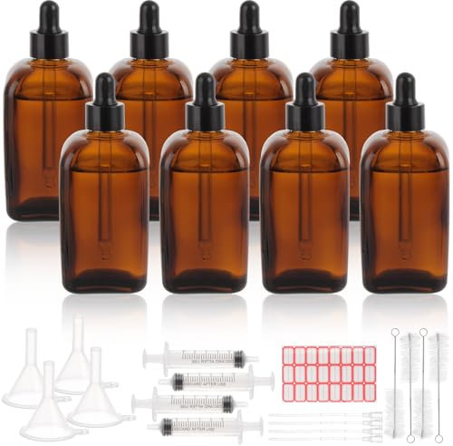 SHUESS 10 Pack 100ml Dropper Bottle - Amber Glass Dropper Bottles with Dropper, Funnels, Adapter Hose, Syringe, Cleaning Brush and Labels, for Essential Oil, Perfumes