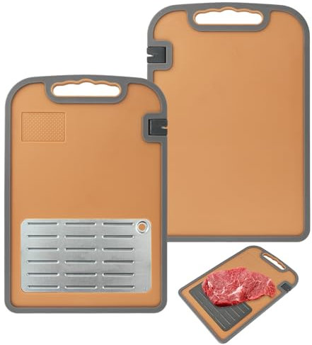 Miracle Melt Defrosting Board 4 in 1 Double Sided Cutting Board with Knife Sharpener Garlic Grinder Chopping Board for Fast Thaw Meat & Food 38x26cm Yellow