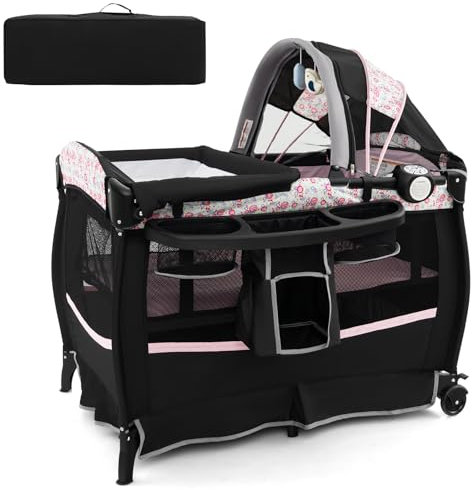 COSTWAY Lit Parapluie Bébé avec Matelas & Table à Langer Escamotable, Lit Bébé Évolutif avec Boîte à Musique & Jouets Suspendus, Auvent Réglable, Lit de Voyage pour 0-36 Mois (Fleurs Roses,Noir)