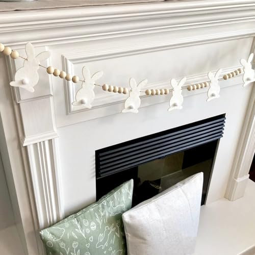 Geagodelia Osterhasen-Girlande mit Holzperlen, für Kaminsims, Tischtreppen, Baum, Ostern, Frühling, Heimdekorationen (weiß, 1 Stück)