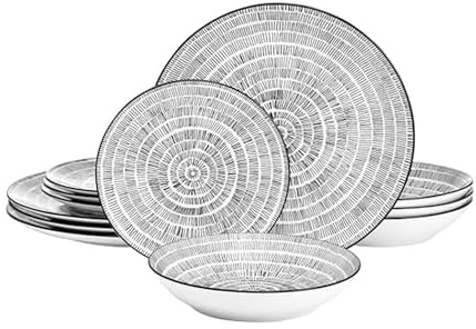 Pfaltzgraff Sketch Serenade Geometric 12 Piece Plates Bowls Dinnerware Set, Black and White