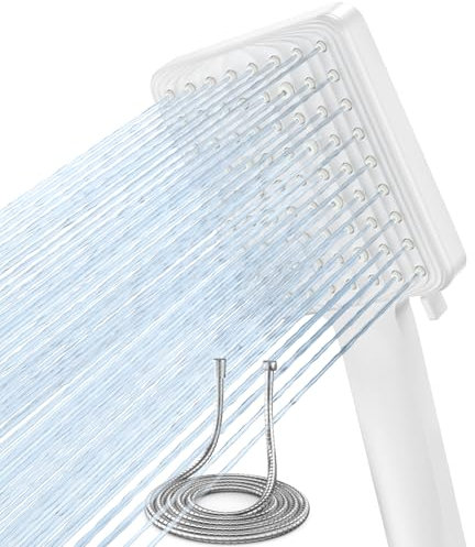 VOXON Square Shower Head and Hose Set, High Pressure Shower Heads with 6 Spray Modes, Universal Shower Head with 1.8m Stainless Hose, Handheld Large Rain Shower Heads for Low Water Pressure, White