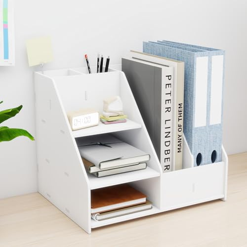 PUNCIA 3-Tier Office White Letter Tray Desk Tidy Organiser A4 File Rack Paper Sorter Storage with Vertical Horizontal All in One Supplies Storage Box Desktop Magazine File Holder