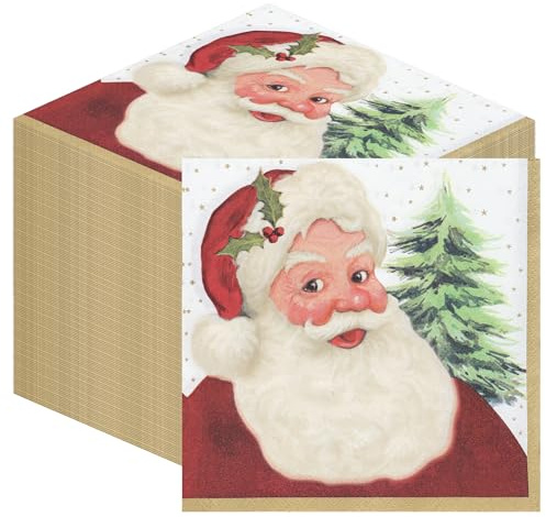100 x Weihnachtsservietten Papier-Traditioneller Weihnachtsmann Einweg-Xmas-Servietten Festlich Familienfreundlich Tischdeko Rot Weiß Vintage Gemütlich Nostalgisch Design UK 2ply 33cm