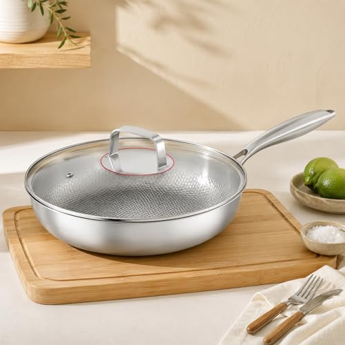 aichilra Tri-Ply 316 Stainless Steel Frying Pan with Lid, 28cm Silver | 28cm 316 stainless steel pan with titanium non-stick interior, cool-touch handle & glass lid. Fits all hobs & ovens