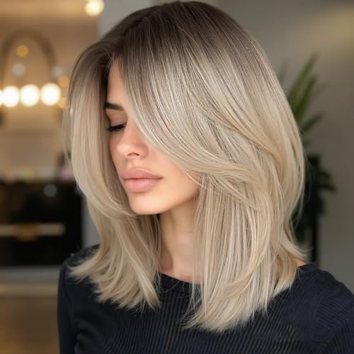 WIGNEE Kurze Ombré Blonde Perücke mit Pony, Synthetische Gerade Bob Perücke, 14 Zoll/35,56 cm, Schulterlang, für Damen, Cosplay und Party