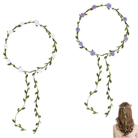 2 coronas de flores para el pelo, corona de flores, diadema para el pelo, para niñas, bodas, festivales, accesorios para el cabello (blanco + morado)